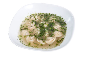Dumplings and parsley with broth - russian pelmeni - italian ravioli on white plate isolated