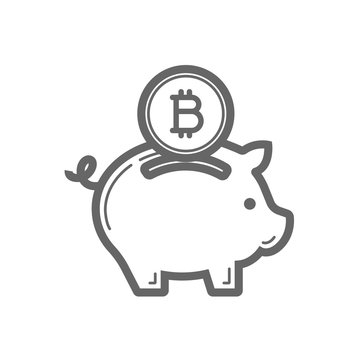 Bitcoin piggy bank savings line icon. Cryptocurrency bitcoin money saving concept. Linear vector icon isolated on white transparent background.
