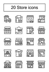 Store shop front line icon set isolated vector illustration. 20 store front icons set.