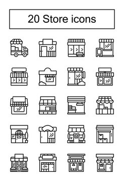 Store shop front line icon set isolated vector illustration. 20 store front icons set.