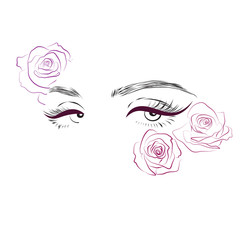 Vector illustration Beautiful woman eyes with long eyelashes and roses