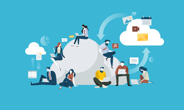 Cloud computing. Flat design people and technology concept. Vector illustration for web banner, business presentation, advertising material.