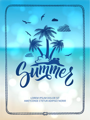 Fototapeta na wymiar Poster of happy summer time. Postcard decoration with hand drawn letters and words. Vector illustration