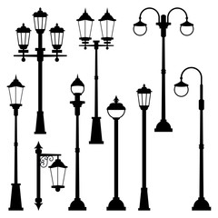 Old street lamps set in monochrome style. Vector illustrations isolate