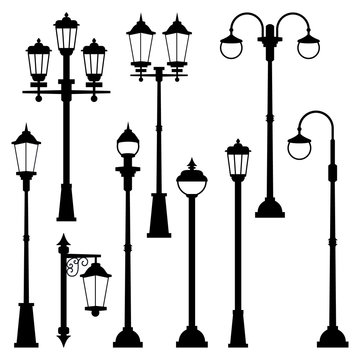 Old street lamps set in monochrome style. Vector illustrations isolate