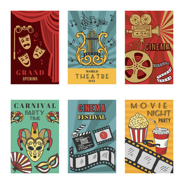 Posters design set with theatre and cinema symbols. Vector illustrations isolate
