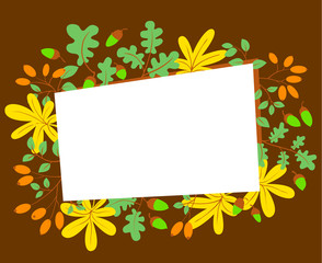 Fall season frame. Autumn border with bright leaves, acorns and berries of dogrose