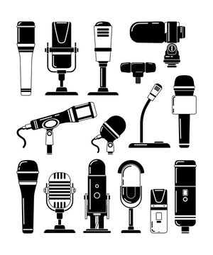 Vector monochrome illustrations of microphones and other professional tools for reporters