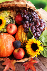 Autumn nature concept. Fall fruit and vegetables on wood. Thanksgiving dinner.