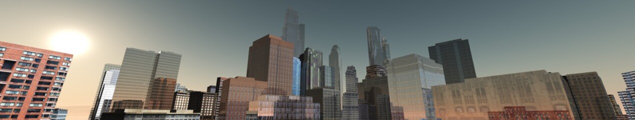 Fototapeta premium panorama of city, skyscrapers on sky background view from below, 3d rendering 