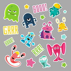 Set of cute monsters and bubbles in the form of a retro patches