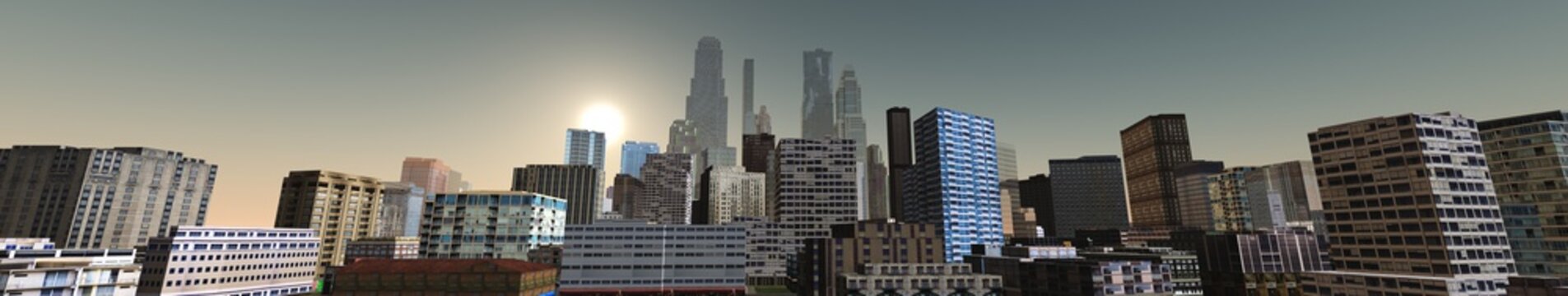 panorama of city, skyscrapers on sky background view from below, 3d rendering
