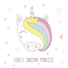 Hand drawn vector portrait of a funny unicorn girl in a crown, with hearts and text Lovely unicorn princess.