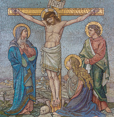 Fototapeta na wymiar LONDON, GREAT BRITAIN - SEPTEMBER 17, 2017: The mosaic of The Crucifixion in church St. Barnabas by Bodley and Garner (end of 19. cent.).