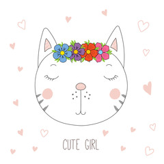 Portrait vectoriel dessiné à la main d& 39 une drôle de fille de chat dans une chaîne de fleurs, avec des coeurs et du texte Jolie fille.