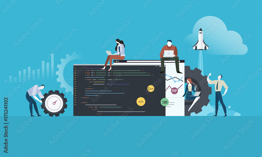 Wall mural coding. flat design people and technology concept for website and app development. vector illustrati