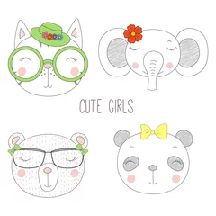 Fotobehang Set of hand drawn cute funny portraits of cat, bear, panda, elephant girls with flowers and hats. © Maria Skrigan