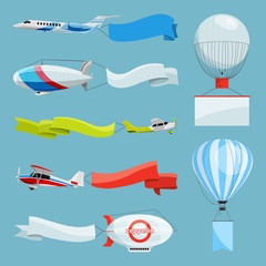 Zeppelins and airplanes with empty banners for advertising messages. Vector illustrations with place for your text © ONYXprj
