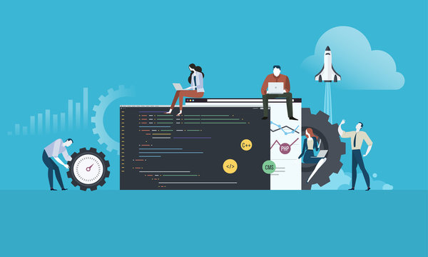 Coding. Flat design people and technology concept for website and app development. Vector illustration for web banner, business presentation, advertising material.
