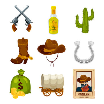 Cartoon icon set for wild west theme. Vector illustrations isolated