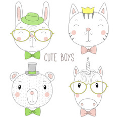 Set of hand drawn cute funny portraits of cat, bear, bunny, unicorn boys with ties, glasses and hats.