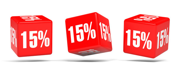 Fifteen percent off. Discount 15 %. Red cubes.