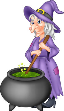 Cartoon old witch preparing potion