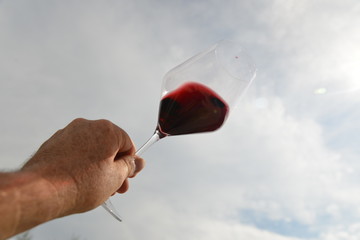 hand holdin a glass of red wine