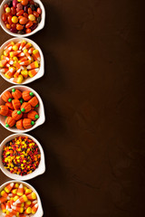 Halloween candy in white bowls