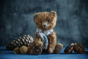 Handmade toy teddy bear brown plush pine cones