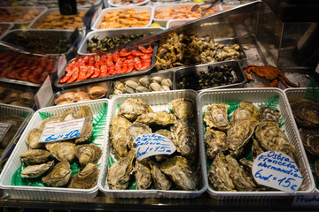 Oysters and other seafood at market