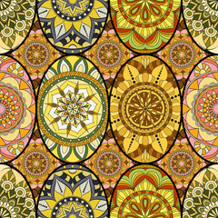 Seamless pattern tile with mandalas. Vintage decorative elements. Hand drawn background. Islam, Arabic, Indian, ottoman motifs. Perfect for printing on fabric or paper.