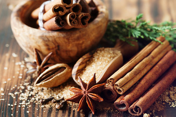 Traditional Christmas spices, food background