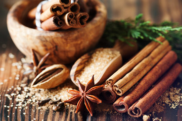Traditional Christmas spices, food background