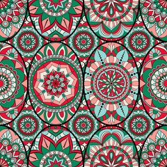 Seamless pattern tile with mandalas. Vintage decorative elements. Hand drawn background. Islam, Arabic, Indian, ottoman motifs. Perfect for printing on fabric or paper.