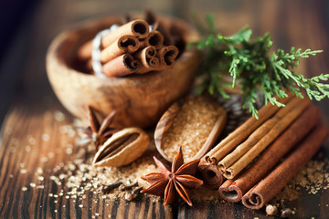 Traditional Christmas spices, food background