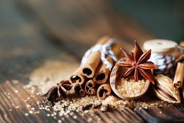 Traditional Christmas spices, food background
