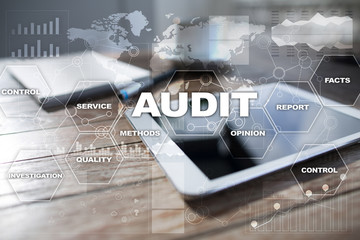 Audit business concept. Auditor. Compliance. Virtual screen technology.