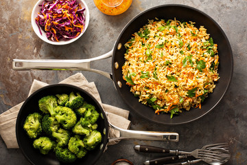 Fried rice with vegetables and steamed broccoli