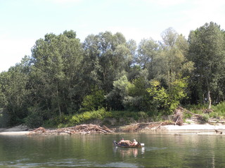 ITALY – JUNE 16, 2017: fluvial landscape at the confluence of Ticino and Po rivers, a few kilometres downstream (along the Ticino) from the city of Pavia, Lombardy. Northern Italy.