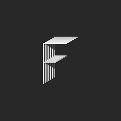 Letter F logo, black and white many thin lines monogram, isometric geometric shape modern typography design element, mockup initial emblem