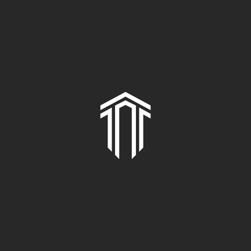 Letter T logo monogram combination of two letters TT parallel lines shape an isometric form of a shield, a creative idea a modern emblem, hipster typography design element