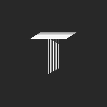 Capital letter T logo mockup, black and white many parallel thin lines isometric initial, 3D simple emblem typography design element