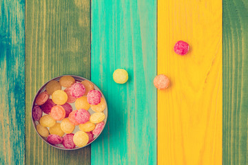 Candy in metal box, top view