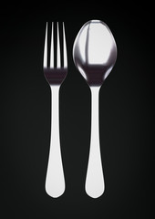Silver fork and spoon on black background with copy space 3d illustration