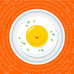 Fried eggs illustration. Good breakfast emblem. Kawaii illustration fried eggs with a smile on the background with text