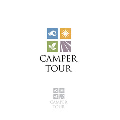 Tourism emblem. Logo Campers. Travel logo. Symbols of water, road, forest and sun on a light background.