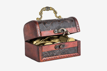  Chest with coins on a white background