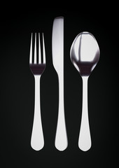 Silver fork, knife and spoon on black background with copy space 3d illustration