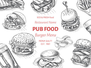 Vector sketch of fast food pub menu - burger